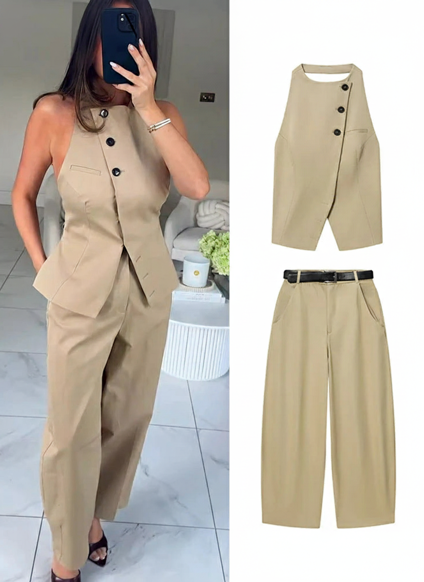 Set "Metropolitan Halter": Top con Espalda Descubierta y Pantalón Recto